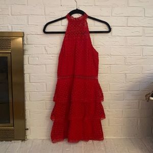 Red high neck mini dress